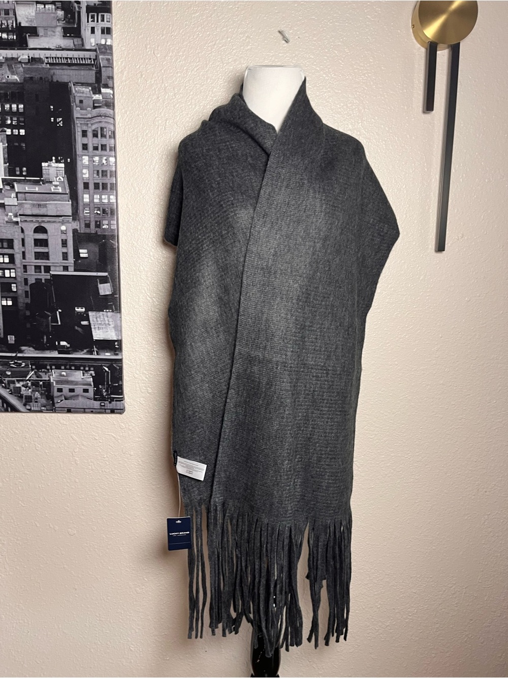 Lucky Brand Los Angeles Dark Gray Fringed Wool Scarf